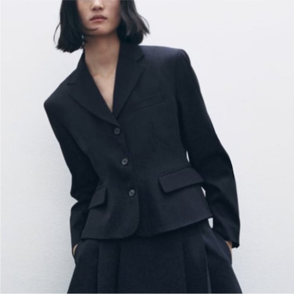 NWT ZARA TAILORED WOOL BLEND BLAZER  NAVY BLUE - REF. 2336/408 Large